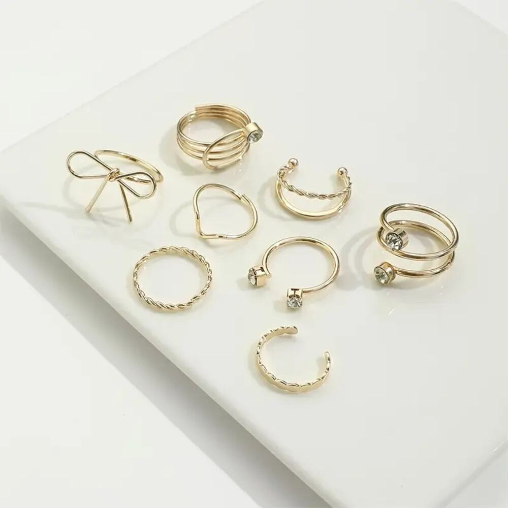 NEW 8pc Gold Ring Set – Coquette Bow, Braided & Adjustable Rings Size 6-7 - Picture 3 of 5
